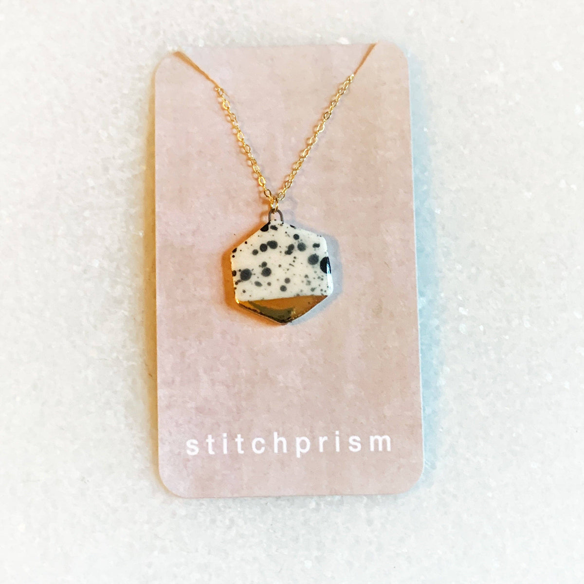 Small Hexagon Necklace - Black Splatter/Gold