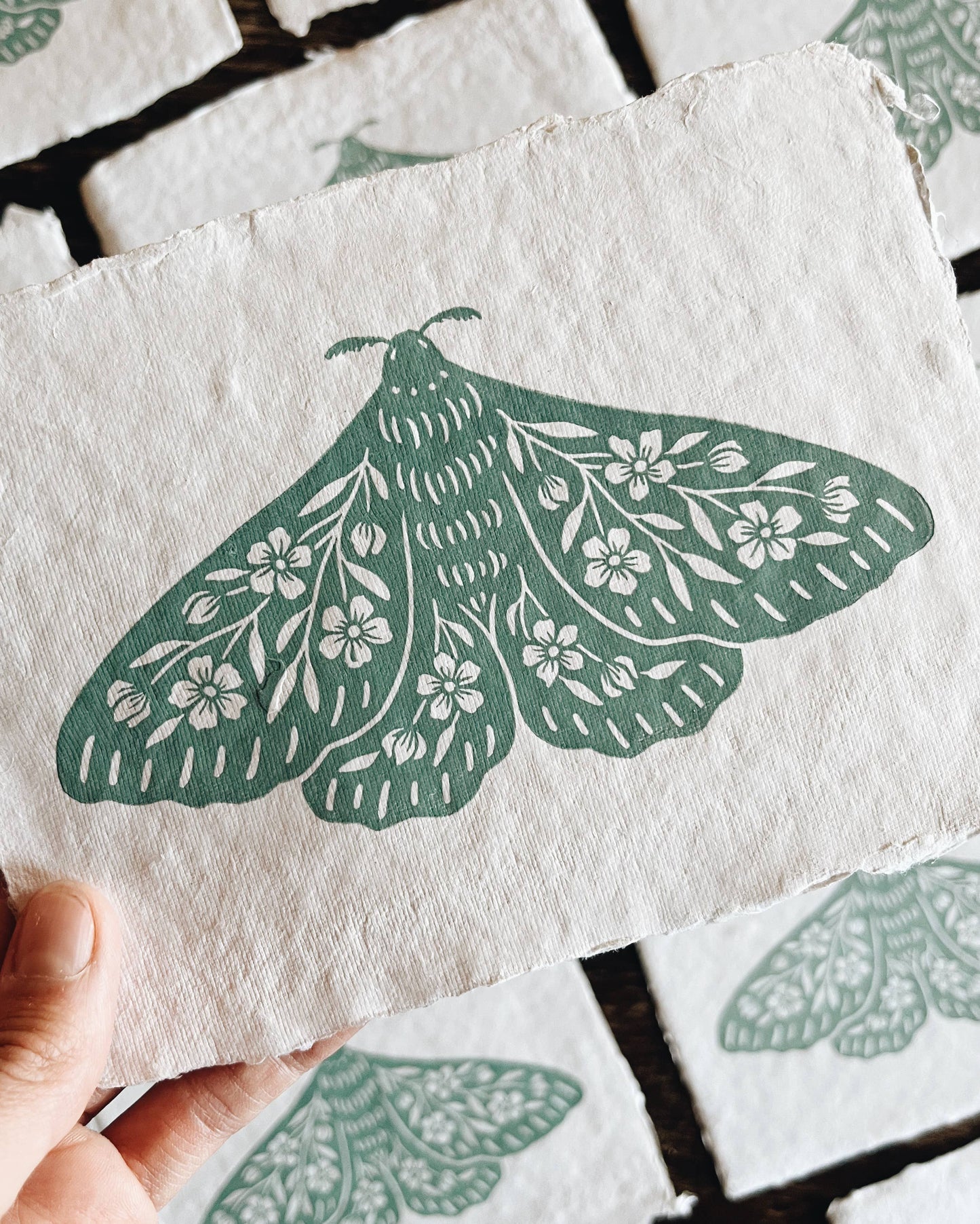 5x7 Seafoam Floral Moth Block Print