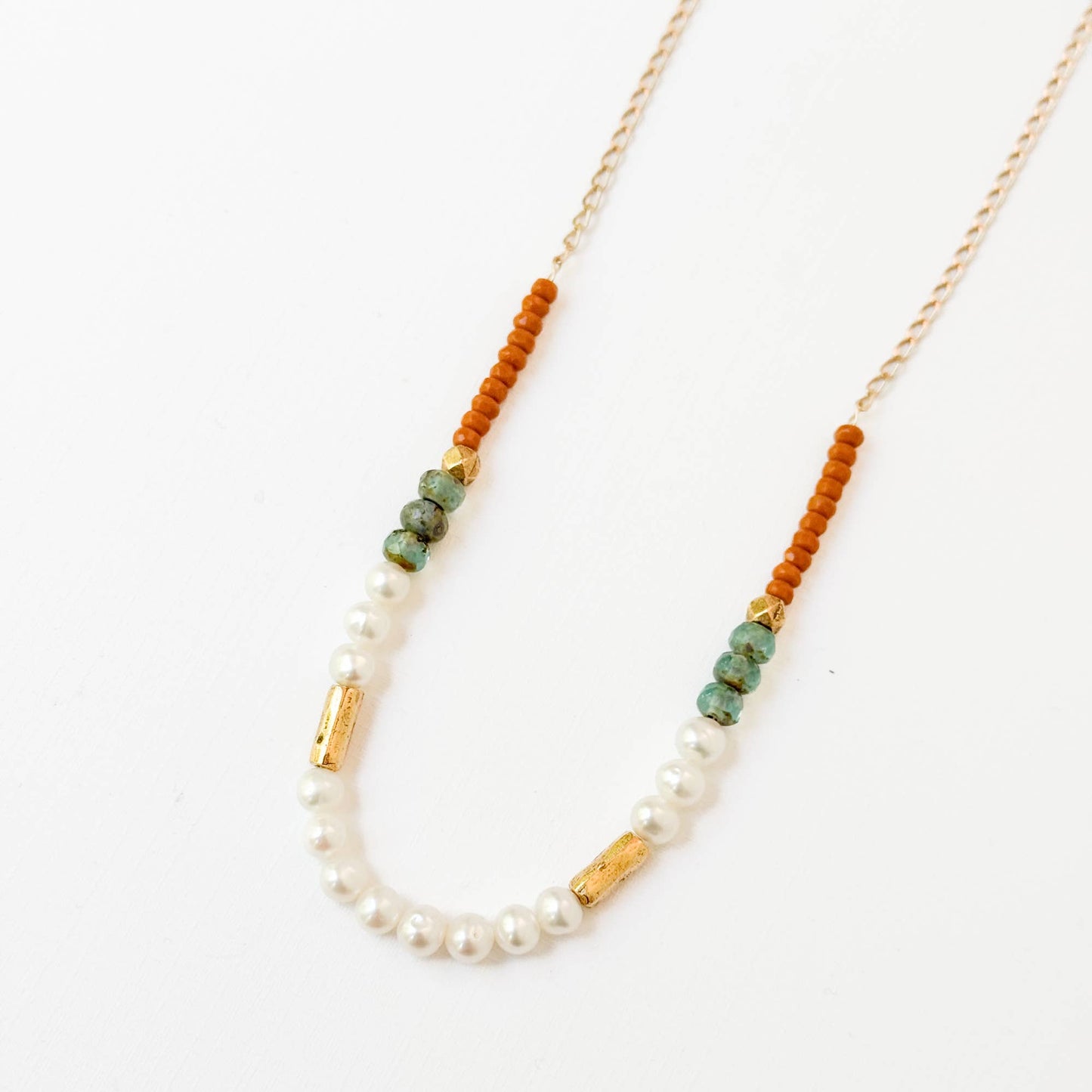 Dainty Pearl Necklace With Touches Of Gold And Aqua Beads