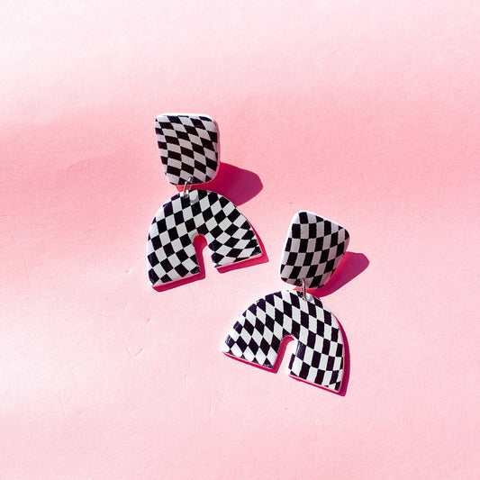 Polymer Psychedelic Checkerboard Dangle Earrings