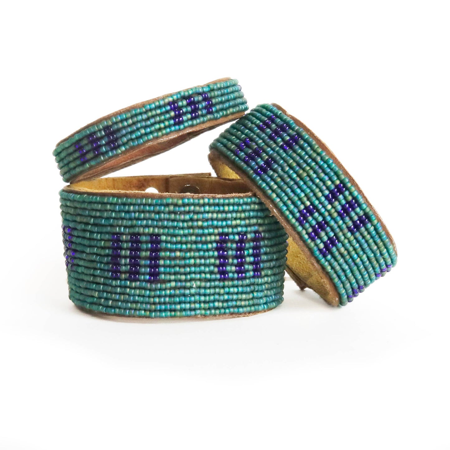 Large Peacock Stitches Beaded Leather Cuff