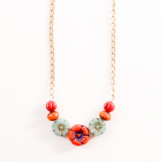 Tiny Flower Field Necklace With Beads And Matte Gold Chain