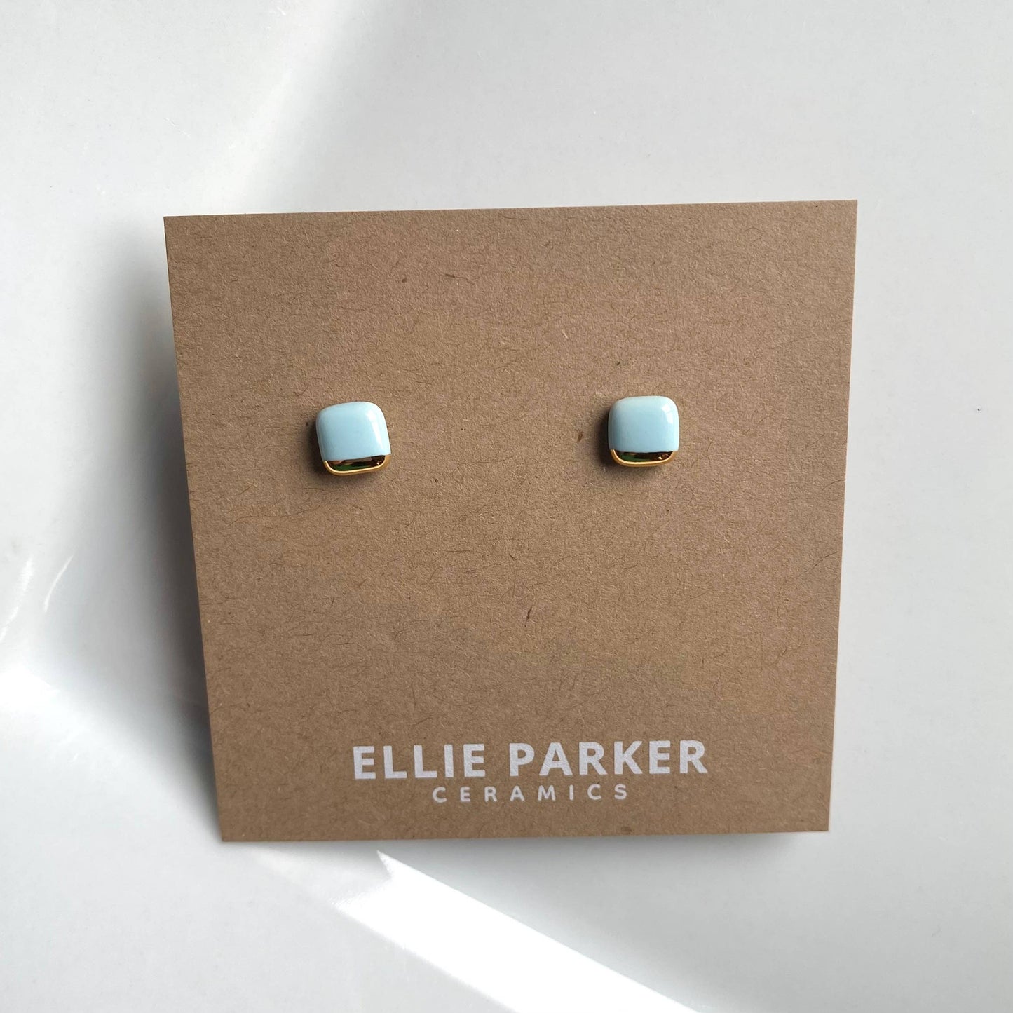Square Sky Blue Ceramic Earrings with Gold Luster