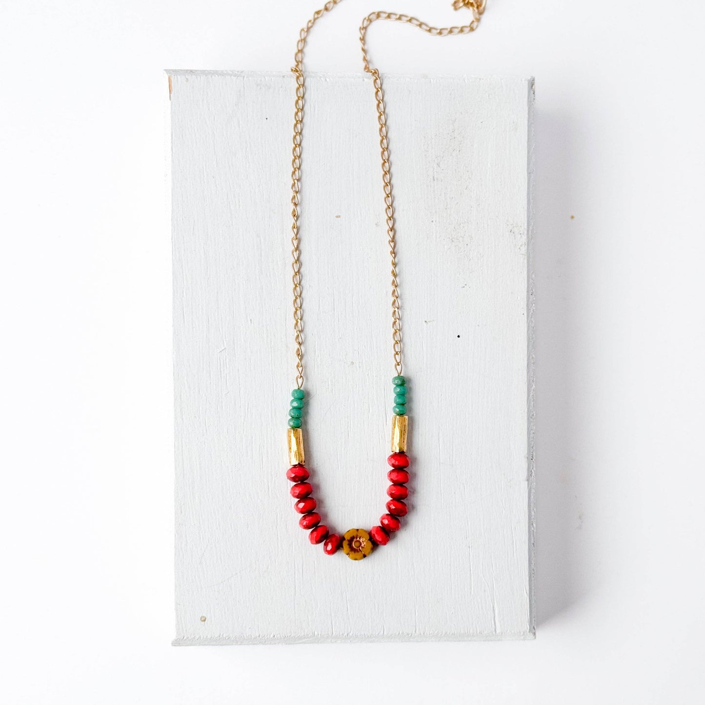 Dainty flower necklace with red beads, Dainty Necklace