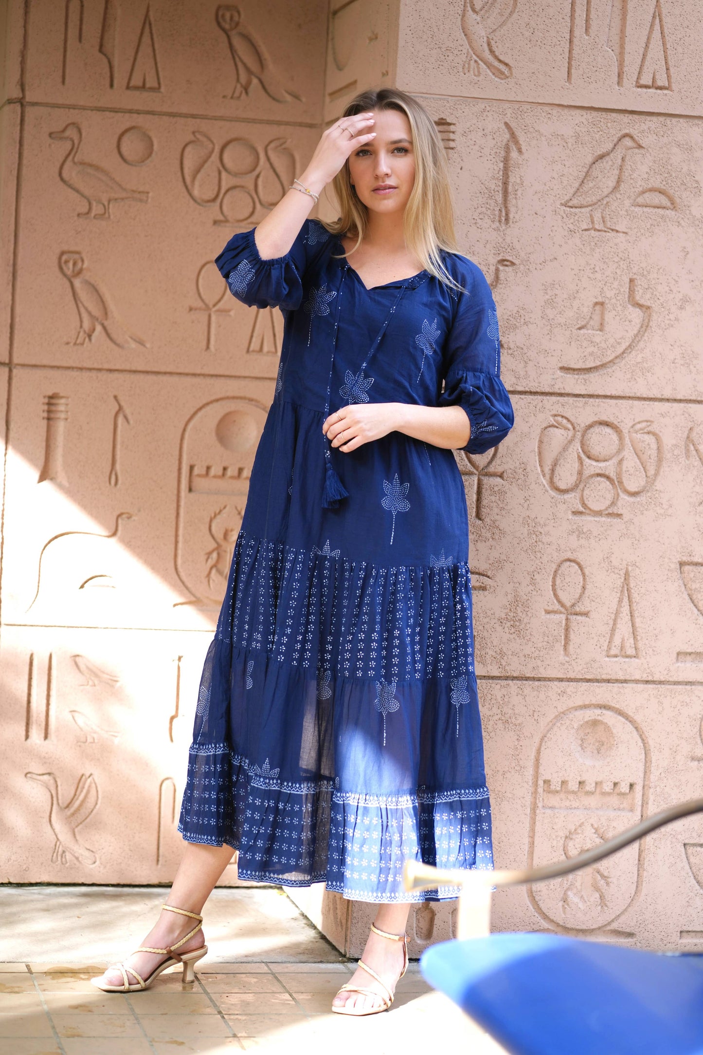 Bells Maxi Dress Hand Block Printed Blue