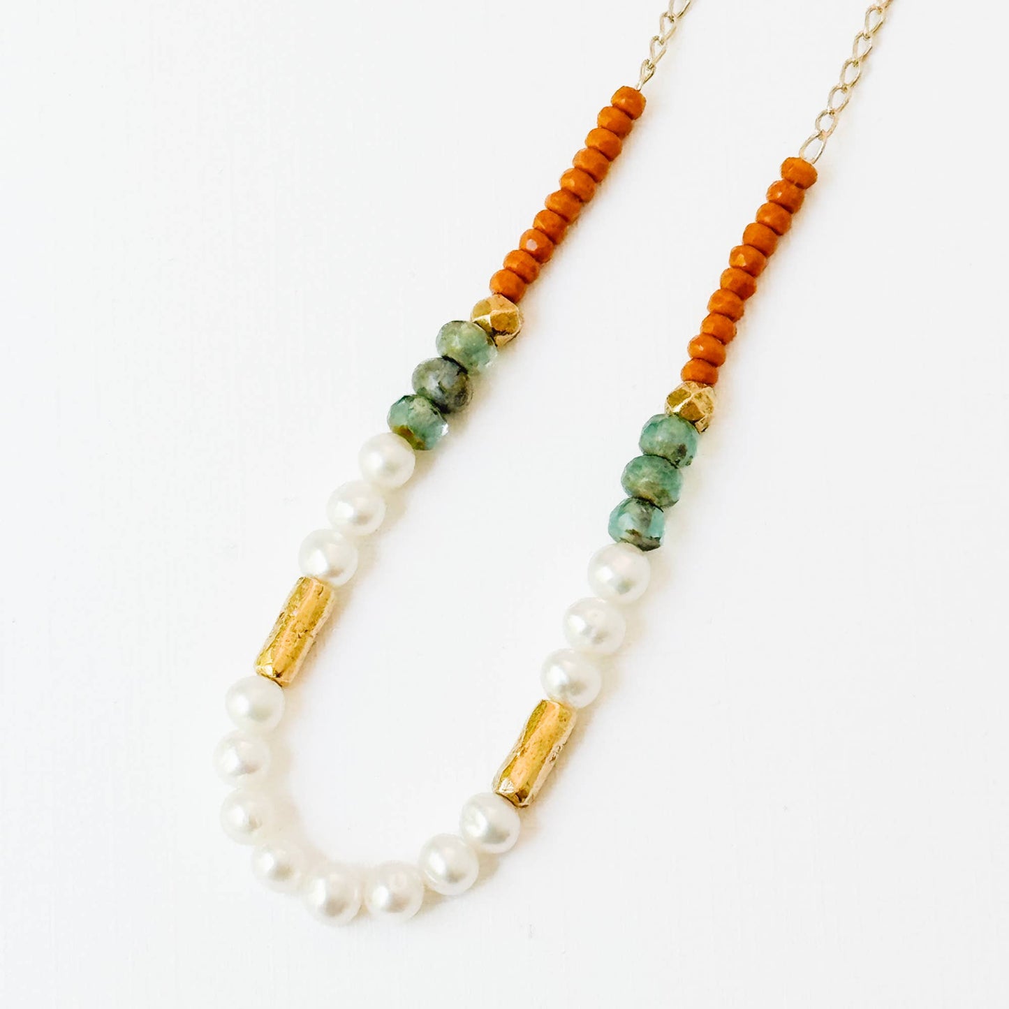 Dainty Pearl Necklace With Touches Of Gold And Aqua Beads