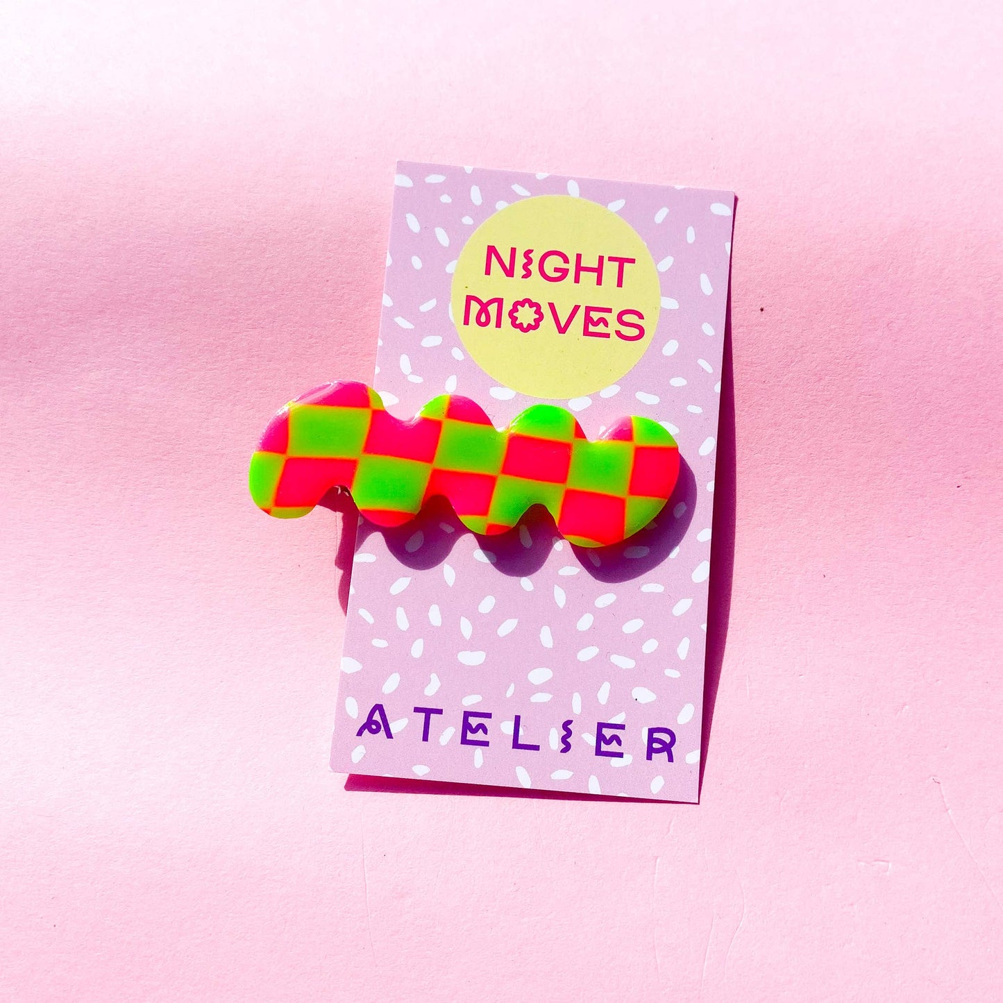 Neon Pink and Green Gingham Checker Polymer Clay Hair Clip: Single